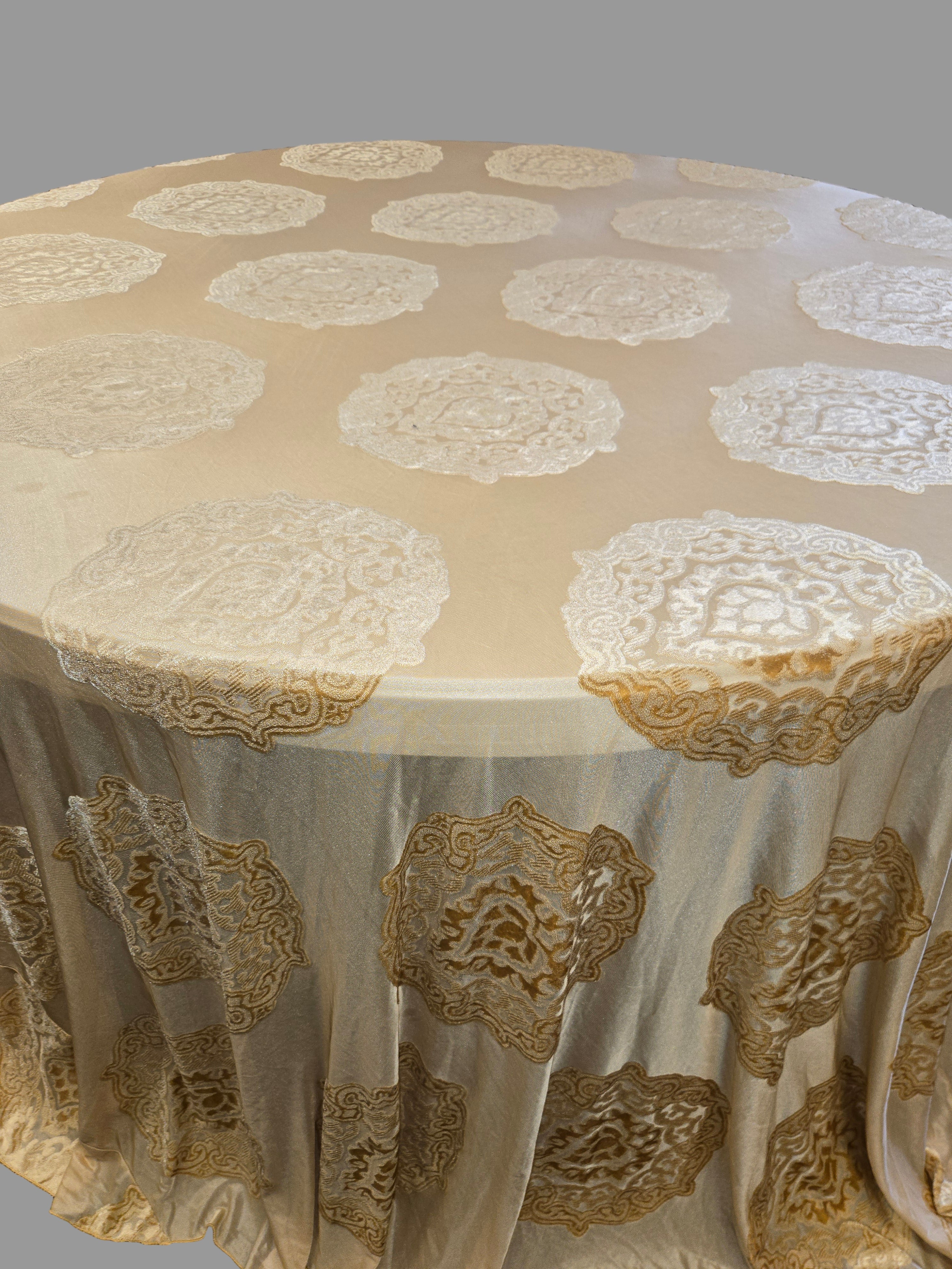 Gold Printed Velvet Round Tablecloth 120"