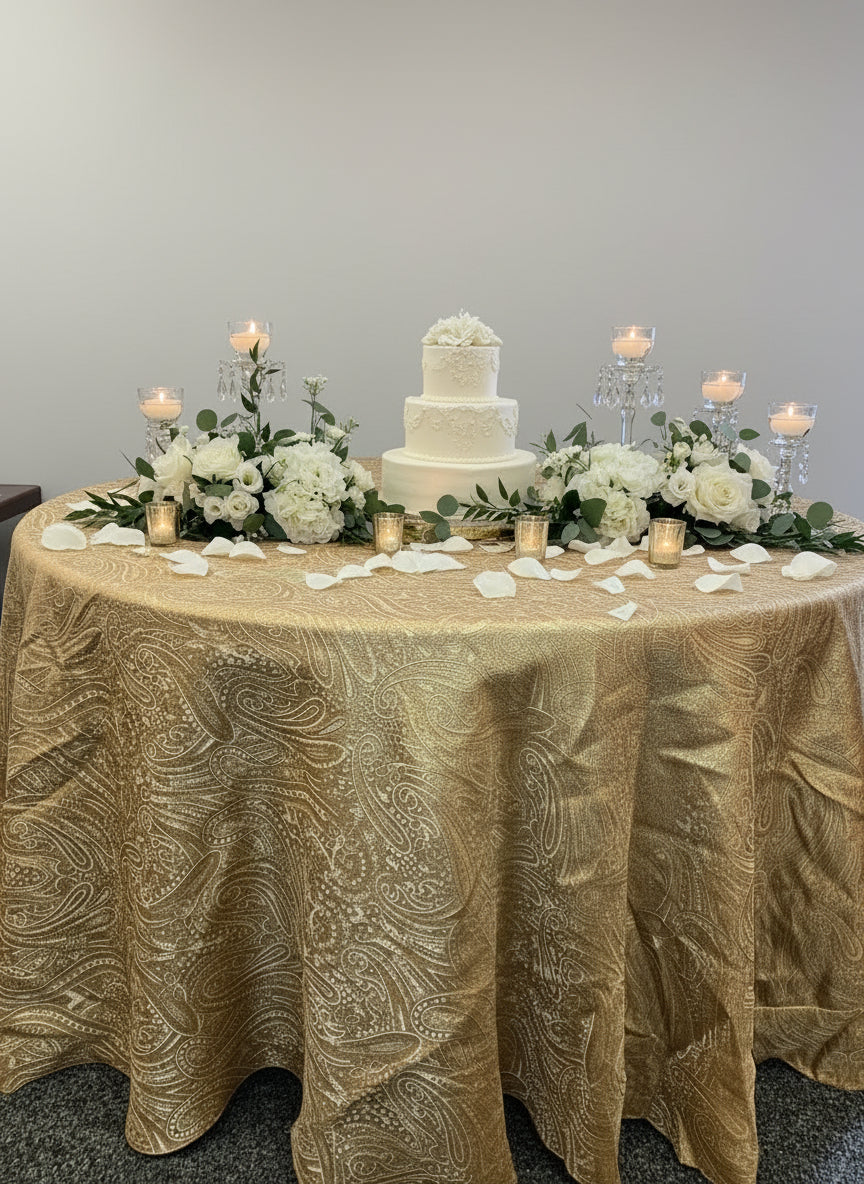 Textured Printed Gold Lenin Table Cover 120"