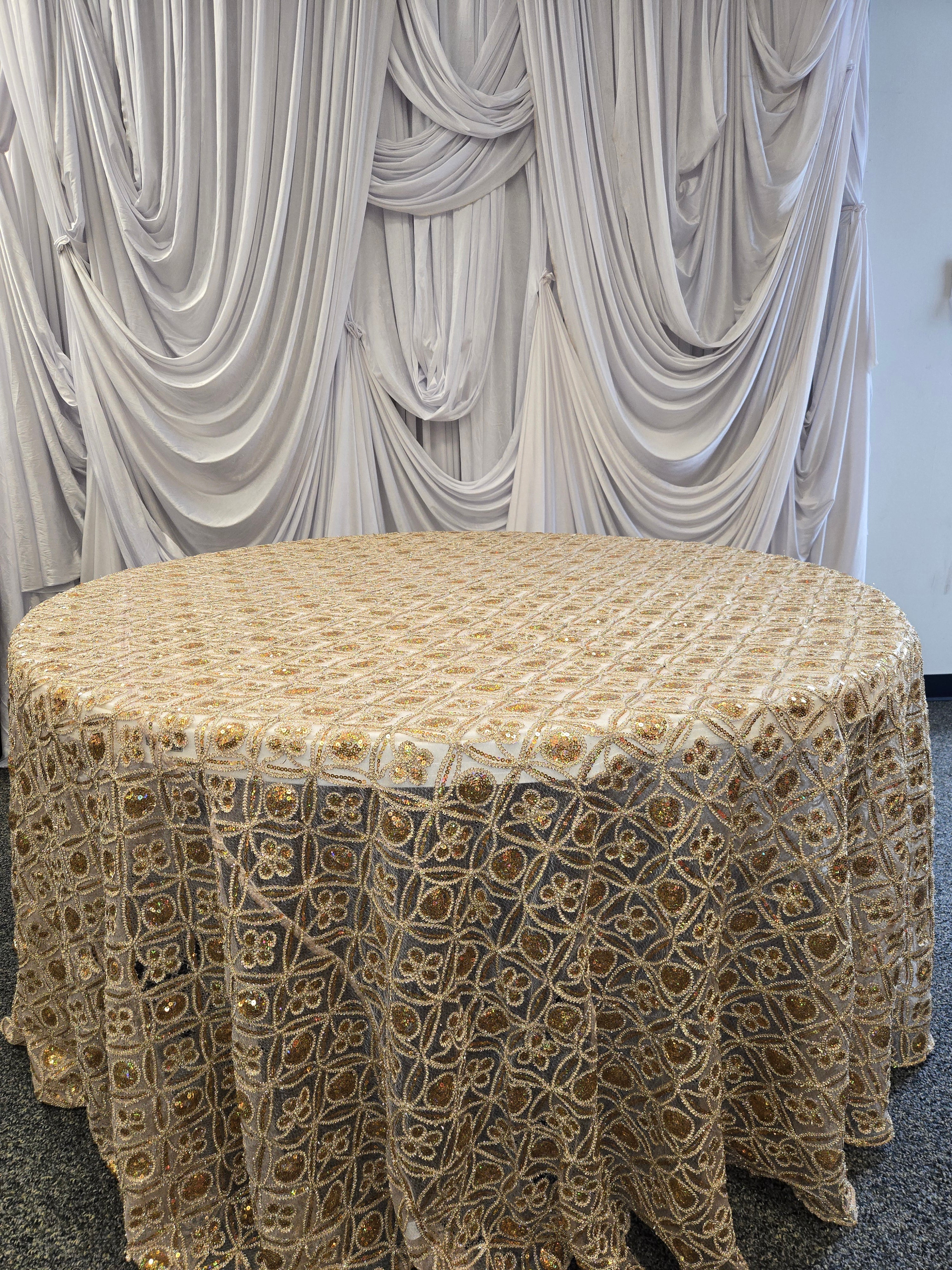 Gold Sequence Textured  Round Tablecloth 120"
