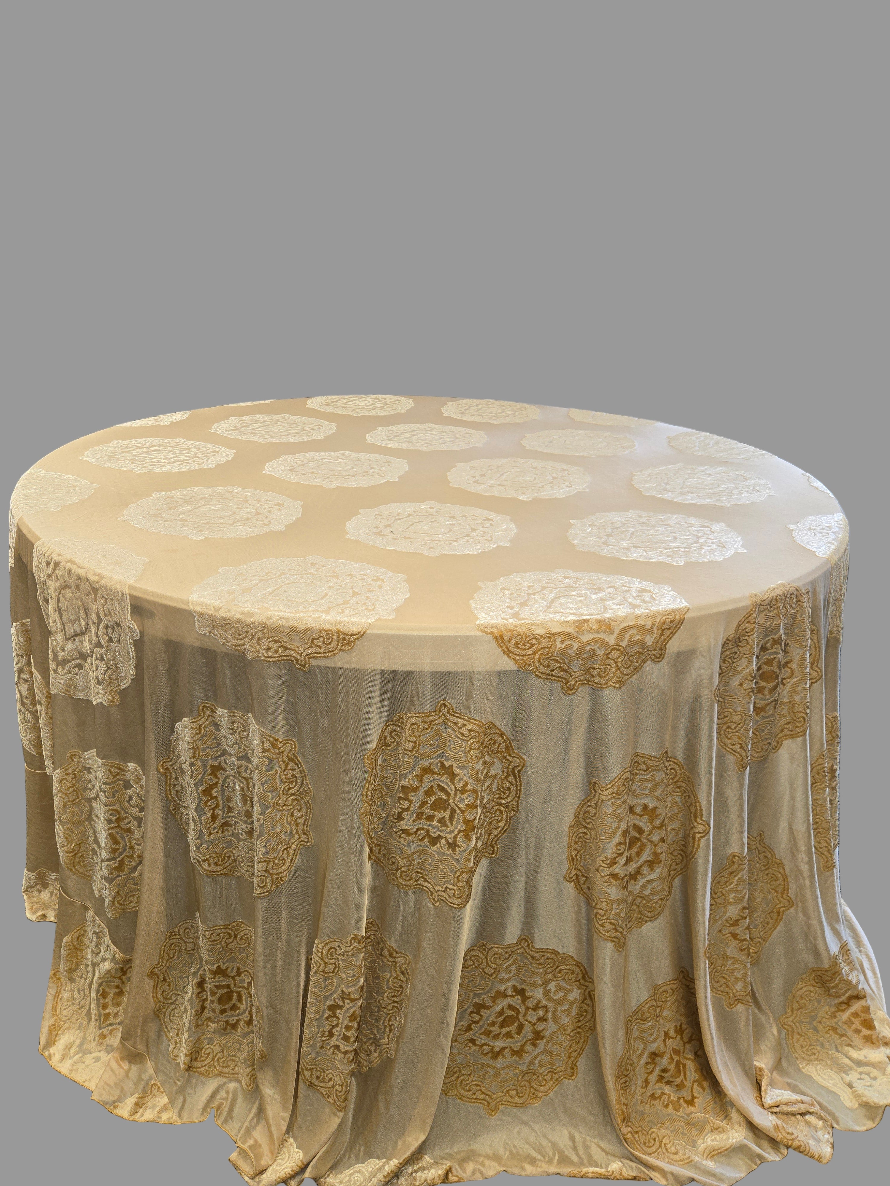 Gold Printed Velvet Round Tablecloth 120"